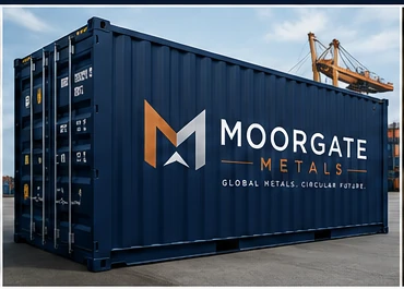 Moorgate Metals branded shipping container at a port